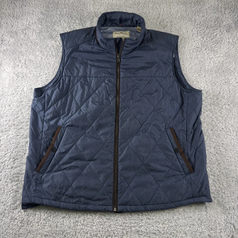 Tommy Bahama Mens XL Blue Quilted Full Zip Vest Diamond Pattern‎ Brown Trim